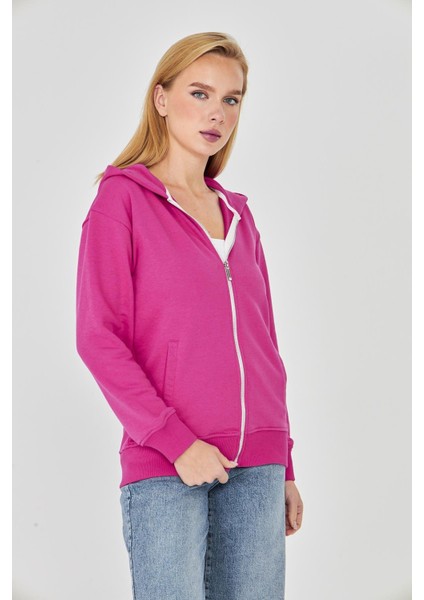 Kadın Tam Fermuarlı Kapüşonlu Pamuklu Eşofman Üstü Fuşya 9508-F fırsatları