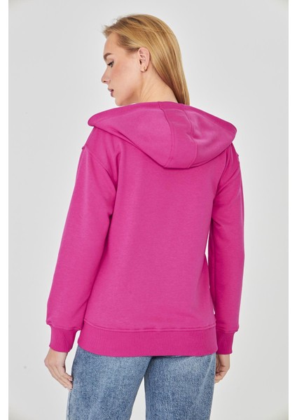 Kadın Tam Fermuarlı Kapüşonlu Pamuklu Eşofman Üstü Fuşya 9508-F indirimleri