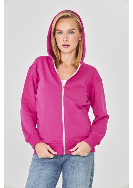 Kadın Tam Fermuarlı Kapüşonlu Pamuklu Eşofman Üstü Fuşya 9508-F
