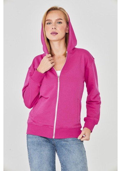 Kadın Tam Fermuarlı Kapüşonlu Pamuklu Eşofman Üstü Fuşya 9508-F