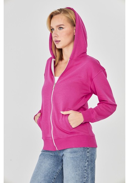 Kadın Tam Fermuarlı Kapüşonlu Pamuklu Eşofman Üstü Fuşya 9508-F