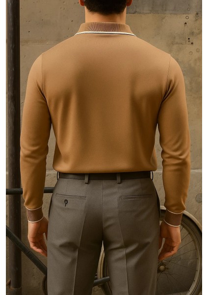 Erkek Günlük Çizgili Trend Kahve Polo Yaka Kazak