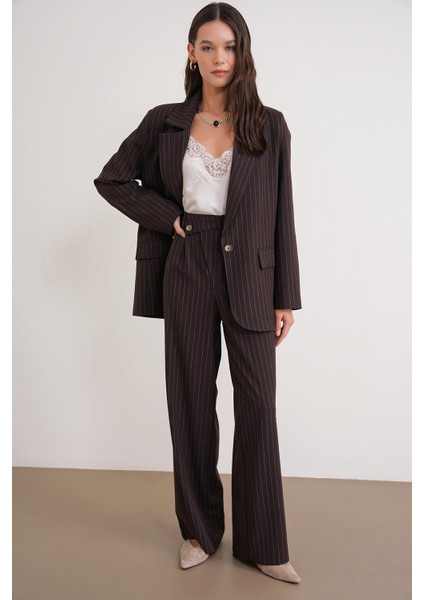 4754 Kadın Çizgili Çapraz Bel Pantolon Kahve fiyatları