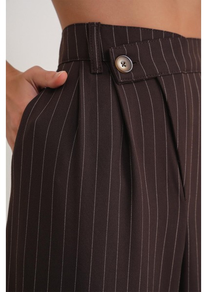 4754 Kadın Çizgili Çapraz Bel Pantolon Kahve