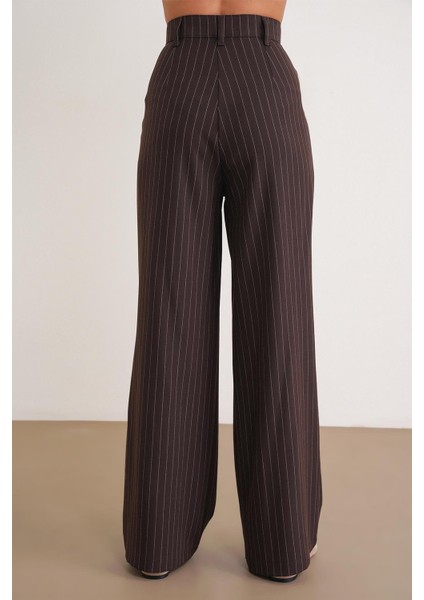 4754 Kadın Çizgili Çapraz Bel Pantolon Kahve