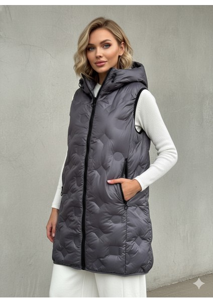 Kadın Kapüşonlu Kolsuz Uzun Antrasit Gri Şişme Mont |fermuarlı Cep Detaylı – Elyaf Dolgulu -85 cm fiyatları