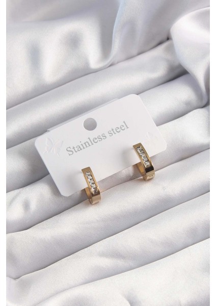 316L Çelik Altın Renk Zirkon Taşlı Halka Model Küpe - Lisinya