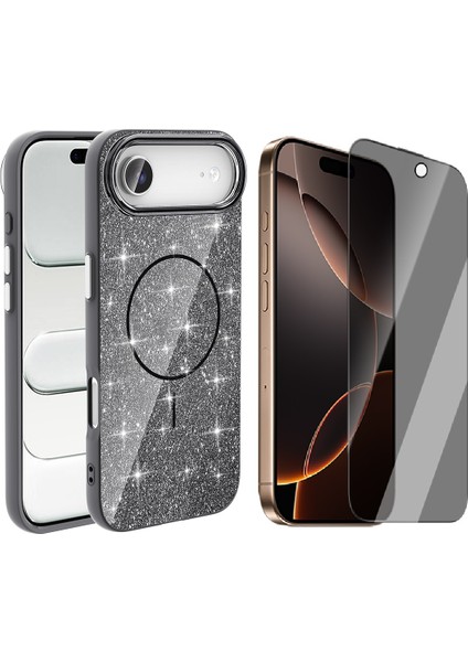 iPhone 17 Air Kılıf M-Safe Şarj Özellikli Parlayan Simli Zore Okso Kapak + Hayalet Ekran Koruyucu