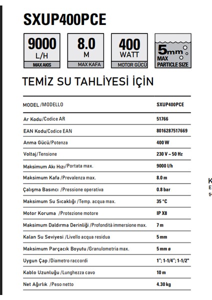 SXUP400PCE Temiz Su Tahliye Pompası modelleri