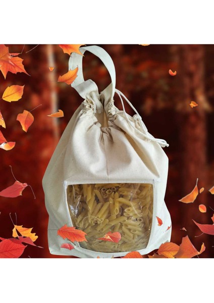 Makarna Saklama Torbası | Pamuk Ham Bez | Asetat Pencereli, Ipli ve Saplı Doğal Bez Poşet |