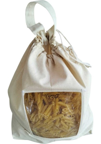 Makarna Saklama Torbası | Pamuk Ham Bez | Asetat Pencereli, Ipli ve Saplı Doğal Bez Poşet | fiyatları