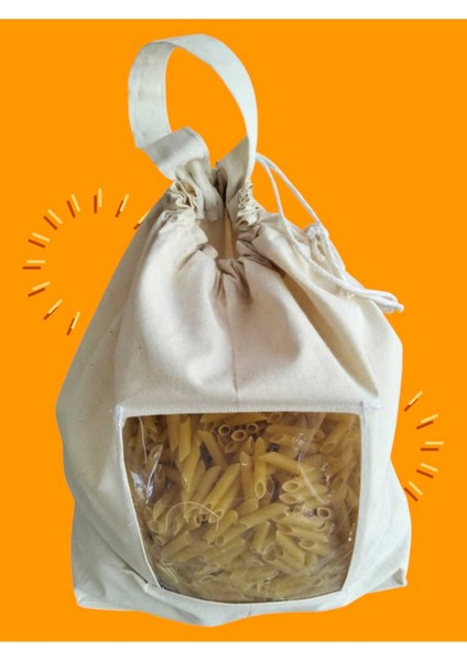 Makarna Saklama Torbası | Pamuk Ham Bez | Asetat Pencereli, Ipli ve Saplı Doğal Bez Poşet | modelleri
