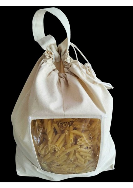 Makarna Saklama Torbası | Pamuk Ham Bez | Asetat Pencereli, Ipli ve Saplı Doğal Bez Poşet | fırsatları