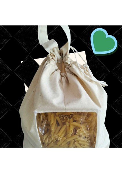 Makarna Saklama Torbası | Pamuk Ham Bez | Asetat Pencereli, Ipli ve Saplı Doğal Bez Poşet | indirimleri