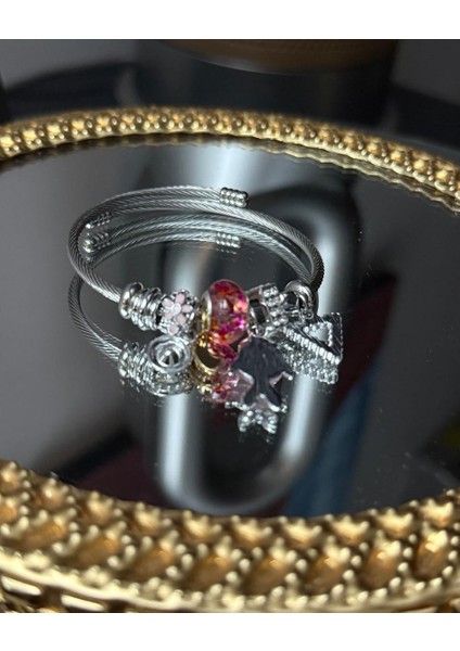 Gümüş Renk Charmlı Balıklı Pembe Pandora Çelik Bileklik - Pembe ve Taşlı Charm'lı Hazır Set Bileklik modelleri