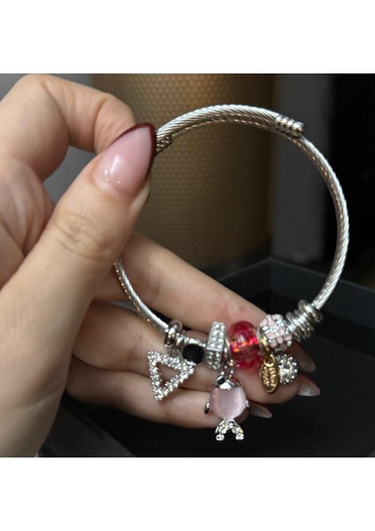 Gümüş Renk Charmlı Balıklı Pembe Pandora Çelik Bileklik - Pembe ve Taşlı Charm'lı Hazır Set Bileklik fırsatları