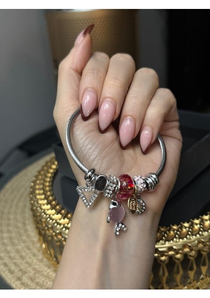 Gümüş Renk Charmlı Balıklı Pembe Pandora Çelik Bileklik - Pembe ve Taşlı Charm'lı Hazır Set Bileklik