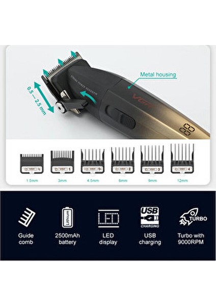 Original Vgr Metal 9000RPM Professional Men's Hair Clipper Rechargeable Hair Trimmer Barber Cordl...
