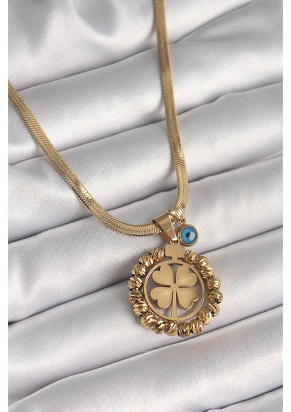 316L Çelik Gold Renk Italyan Zincir Dorika Yonca Model Nazar Boncuk Detay Kadın Kolye - Lisinya