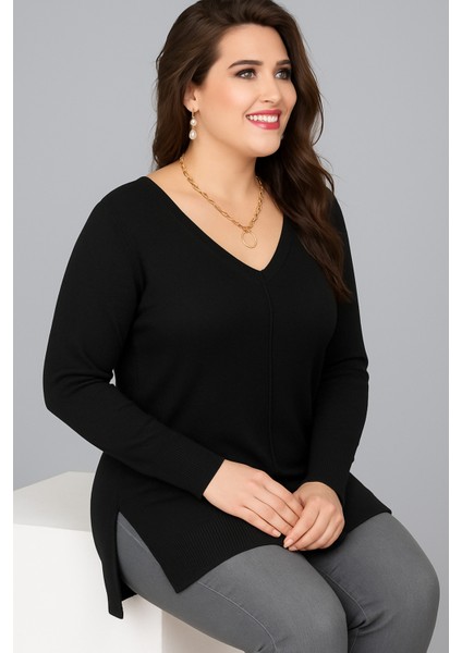 Büyük Beden V Yaka Uzun Kol Yan Yırtmaçlı Bluz