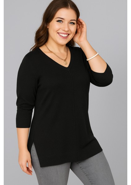 Büyük Beden V Yaka Uzun Kol Yan Yırtmaçlı Bluz fiyatları