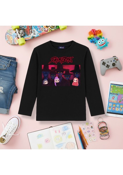 Kpop Demon Hunters Saja Boys Uzun Kollu Baskılı Kız Çocuk Tişört (4-13 Yaş)