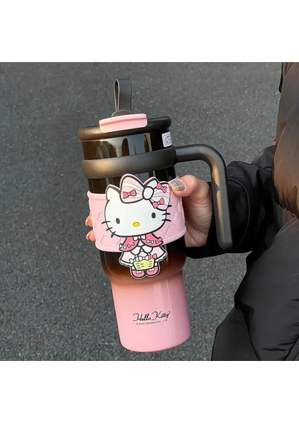 Çocuk Termos Matara Paslanmaz Çelik Hello Kitty Figürlü Pipetli ve Ağızlıklı 900ML AD50274