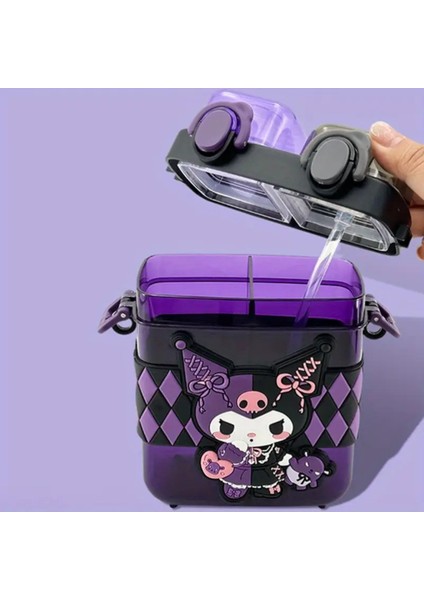 Kuromi Figürlü Plastik Çocuk Suluk Matara 680ML Askılı Iki Bölmeli Kapak AD15152