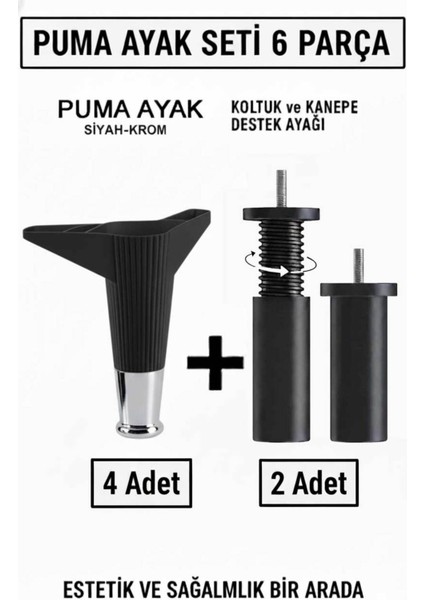 Puma 15 cm Siyah-Krom 6'lı Set Mobilya Kanepe Tv Ünitesi Dolap Konsol ve Destek Ayağı