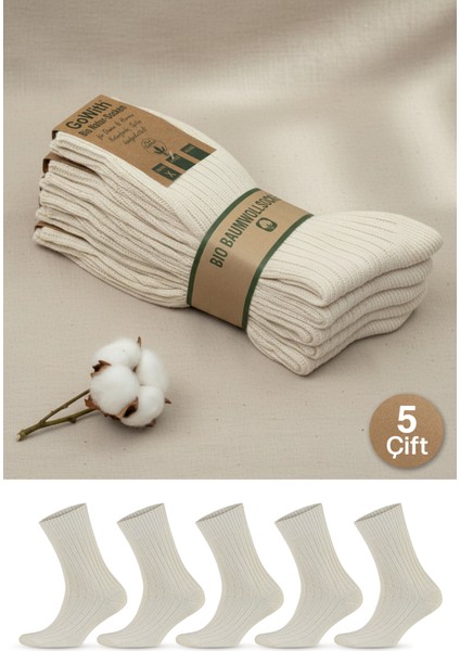 5 Çift Kadın Erkek Ekru Bio Naturel %100 Doğal Pamuklu Ribana Örgü Dikişsiz Soket Çorap 3013
