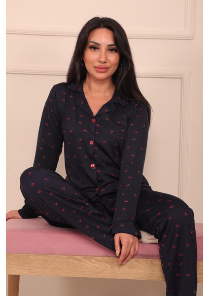 Kadın Vişne Desenli Desenli Önü Düğmeli Milan Kumaş Pijama Takımı fırsatları