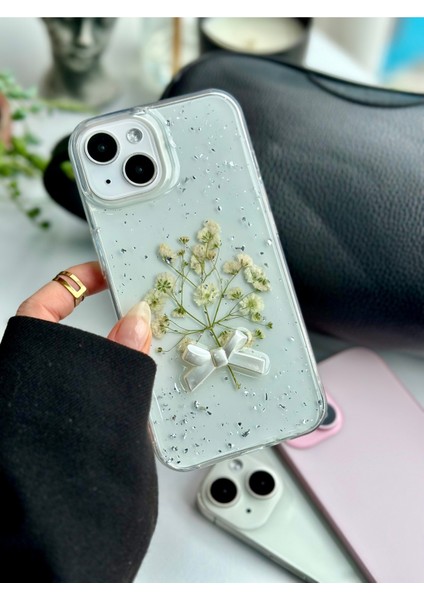Iphone 14 Plus 15 Plus Uyumlu Şeffaf Buket Simli Çiçek Epoksili Telefon Kılıfı