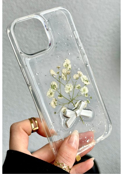 Iphone 14 Plus 15 Plus Uyumlu Şeffaf Buket Simli Çiçek Epoksili Telefon Kılıfı