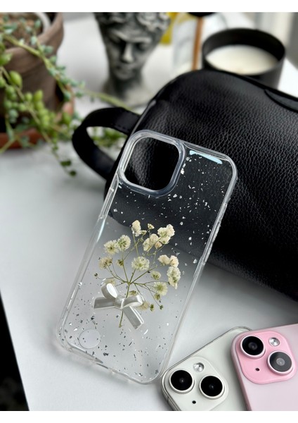 Iphone 14 Plus 15 Plus Uyumlu Şeffaf Buket Simli Çiçek Epoksili Telefon Kılıfı