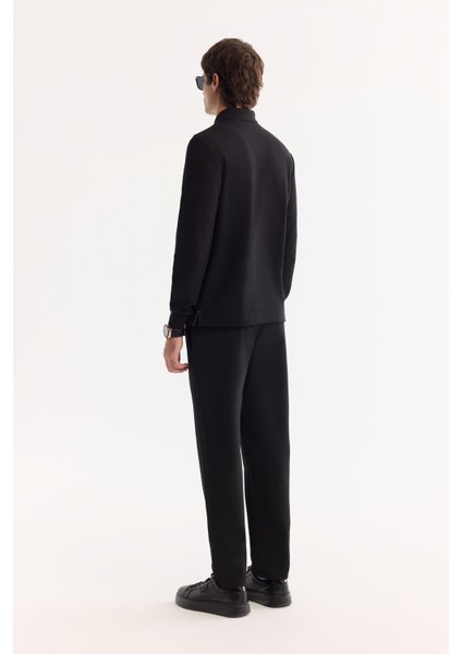 Erkek Siyah Polo Yaka Pamuklu Basic Slim Fit Sweatshirt B001080