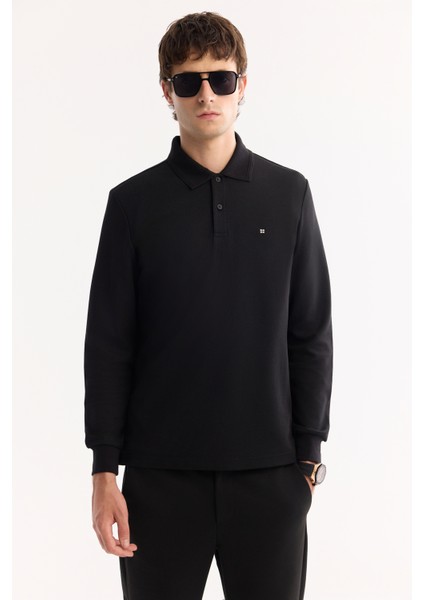 Erkek Siyah Polo Yaka Pamuklu Basic Slim Fit Sweatshirt B001080
