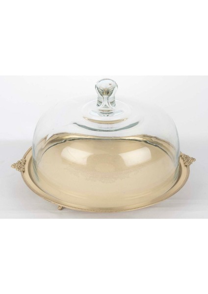 Pirinç Işlemeli Cam Kapaklı Kek Kabı 34X20CM