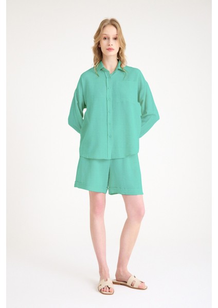Yazlık Uzun Kol Gömlek Şort Ikili Keten Su Yeşili Takım modelleri