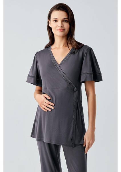 Kısa Kollu Esnek Viskoz Hamile Sabahlık Pijama Takım 10302 fırsatları