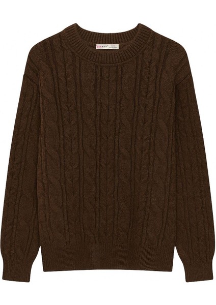 6986 Kadın Oversize Saç Örgü Yumuşak Dokulu Triko Kazak Kahve