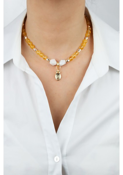 Balık Figürlü Sitrin ve Ay Taşı Doğaltaş Kolye