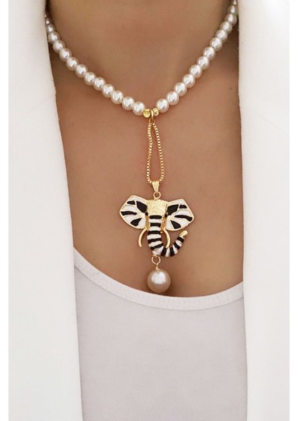 Dorika Detay Fil Figürlü Inci Kolye