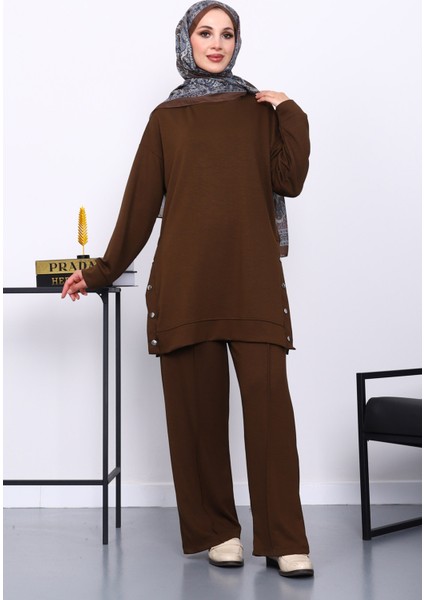 Kahverengi Bisiklet Yaka Çıtçıt Detaylı Modal Takım