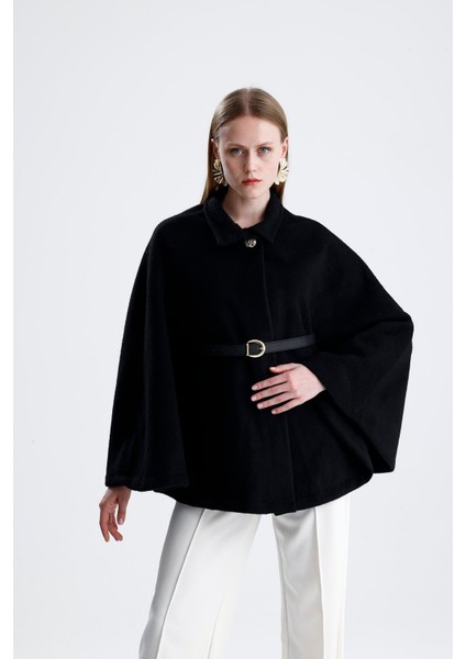 Deri Kemerli Kaşe Panço - Siyah