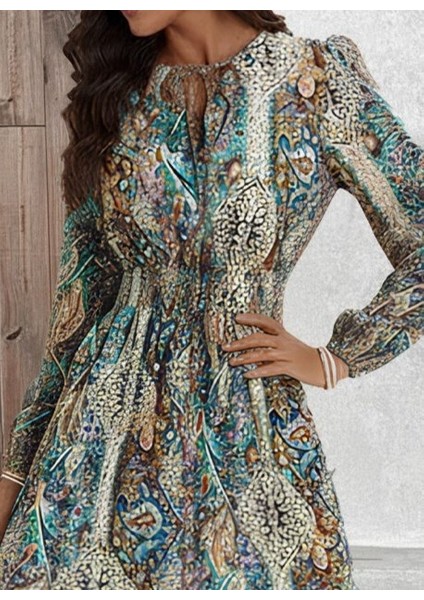 Kadın Uzun Kollu Uakadabağcıklı Beli Lastikli Desenli Uzun Süprem Elbise fiyatları