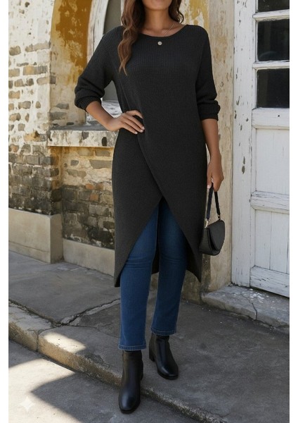 Kadın Uzun Kollu Bisiklet Yakalı Önden Çapraz Kesim Detaylı Midi Triko Elbise modelleri