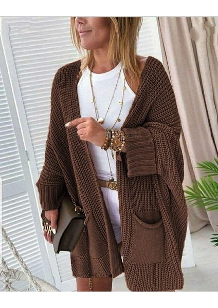 Oversize Kalıp Cepli Salaş Triko Hırka Kahve