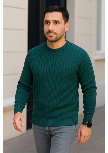 Erkek Bisiklet Yuvarlak Yaka Triko Kazak Pamuklu Kalın Fitilli Dokuma, Regular Fit Uzun Kollu Kışlık Model - Haki modelleri