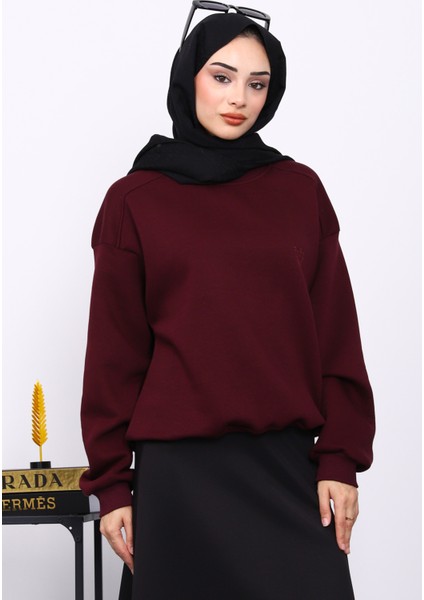 Mürdüm Bisiklet Yaka Şadonlu Üç iplik Sweat