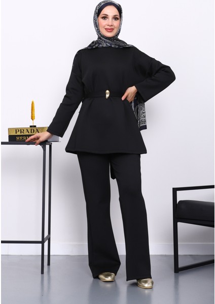 Siyah Kemerli Tunik Pantolonlu Scuba Takım